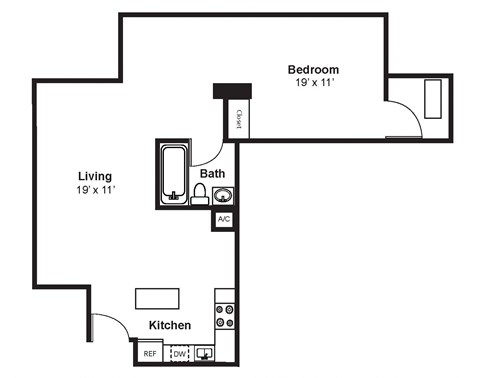 Floor plan for studio, 1 bath, 670 sqft