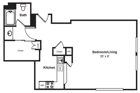 Floor plan for studio, 1 bath, 730 sqft