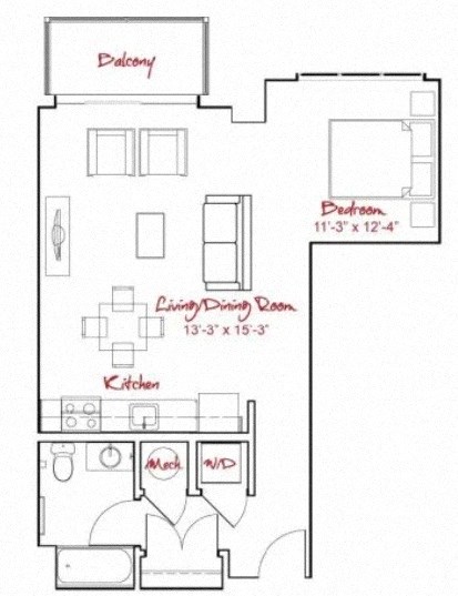 Floor plan for studio, 1 bath, 655 sqft