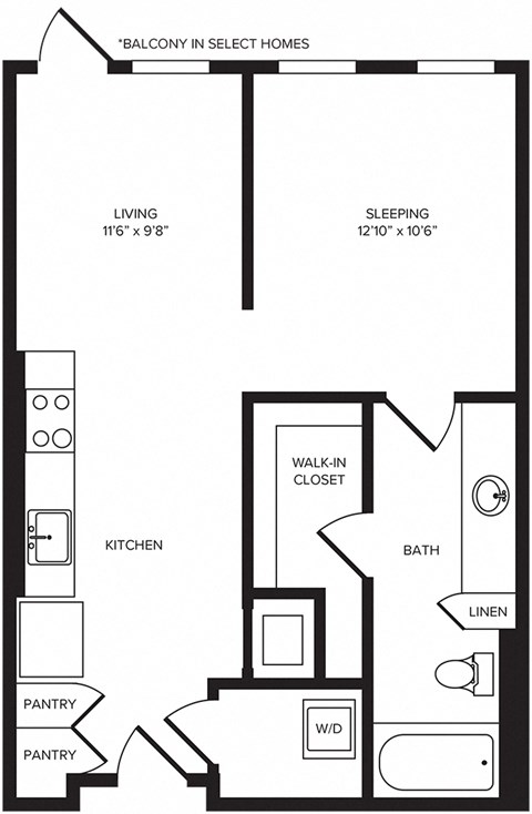 Floor plan for studio, 1 bath, 622 sqft