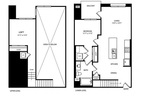 Floor plan for 1 bed, 1 bath, 963 sqft