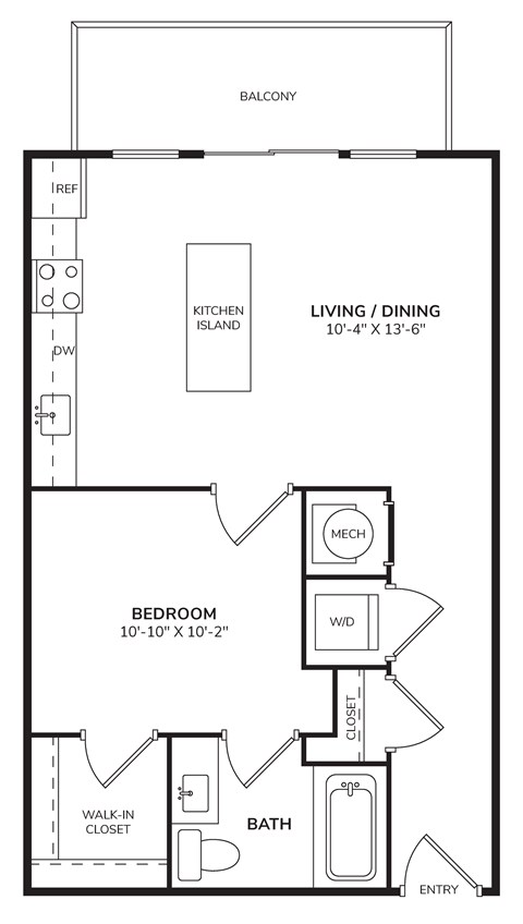 Floor plan for 1 bed, 1 bath, 651 sqft