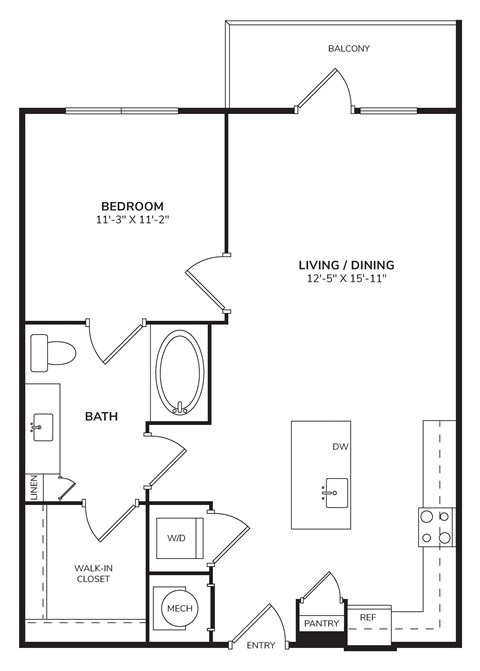 Floor plan for 1 bed, 1 bath, 675 sqft