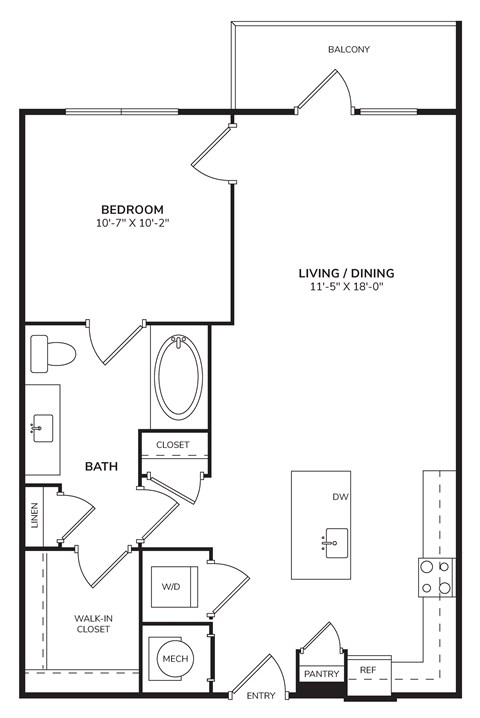 Floor plan for 1 bed, 1 bath, 722 sqft