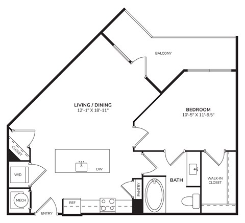 Floor plan for 1 bed, 1 bath, 732 sqft