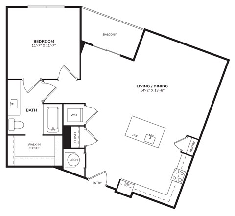Floor plan for 1 bed, 1 bath, 888 sqft