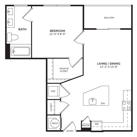 Floor plan for 1 bed, 1 bath, 712 sqft