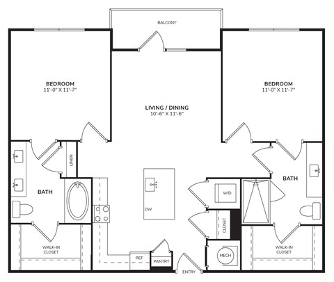Floor plan for 2 beds, 2 baths, 967 sqft