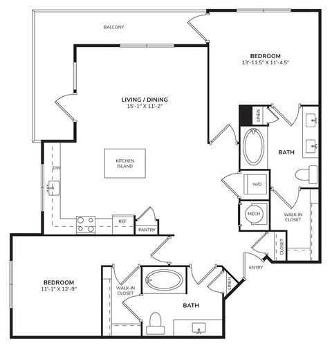 Floor plan for 2 beds, 2 baths, 1184 sqft