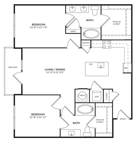 Floor plan for 2 beds, 2 baths, 1100 sqft