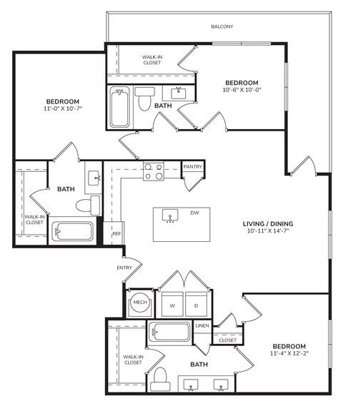 Floor plan for 3 beds, 3 baths, 1460 sqft