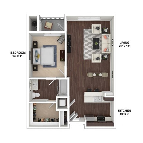 Floor plan for 1 bed, 1 bath, 839 sqft