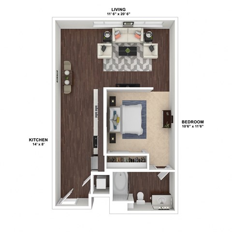 Floor plan for 1 bed, 1 bath, 656 sqft