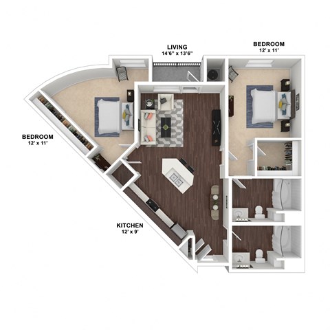 Floor plan for 2 beds, 2 baths, 1069 sqft