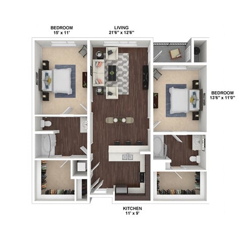 Floor plan for 2 beds, 2 baths, 1179 sqft