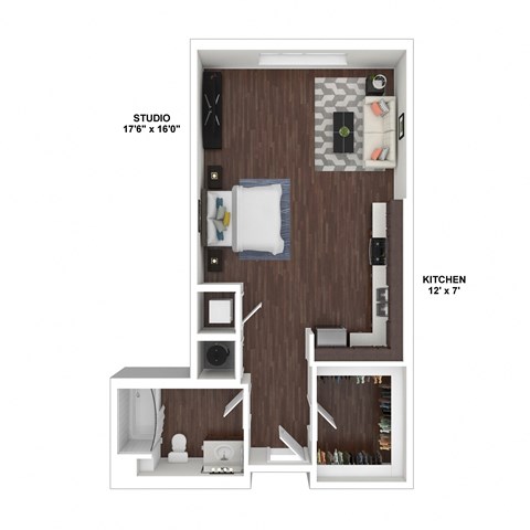 Floor plan for studio, 1 bath, 620 sqft