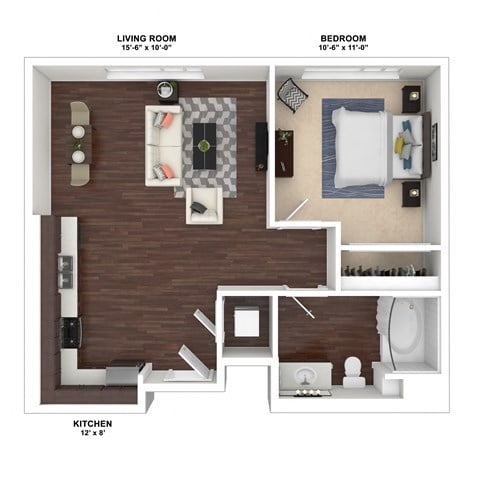 Floor plan for 1 bed, 1 bath, 639 sqft