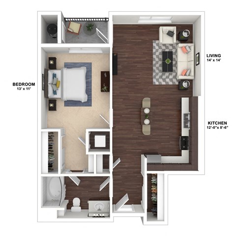 Floor plan for 1 bed, 1 bath, 790 sqft