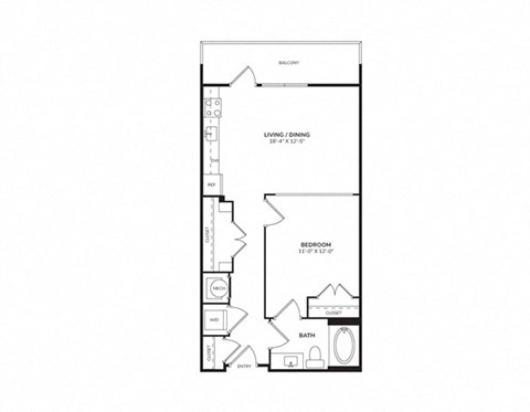Floor plan for 1 bed, 1 bath, 643 sqft