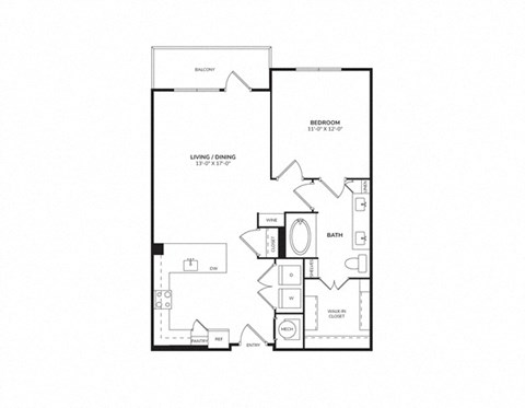 Floor plan for 1 bed, 1 bath, 753 sqft