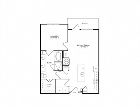 Floor plan for 1 bed, 1 bath, 826 sqft