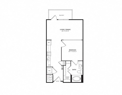 Floor plan for 1 bed, 1 bath, 605 sqft