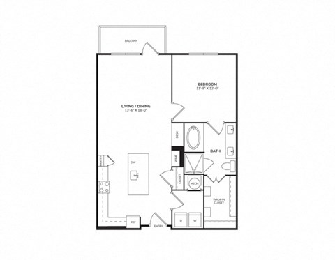 Floor plan for 1 bed, 1 bath, 829 sqft