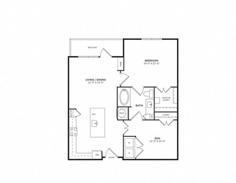 Floor plan for 1 bed, 1 bath, 861 sqft