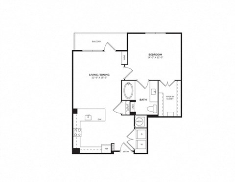 Floor plan for 1 bed, 1 bath, 771 sqft