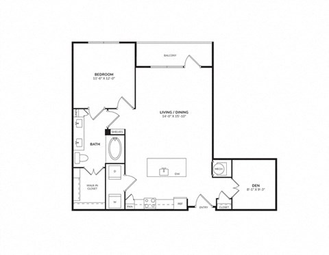 Floor plan for 1 bed, 1 bath, 904 sqft