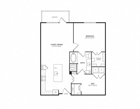 Floor plan for 1 bed, 1 bath, 925 sqft