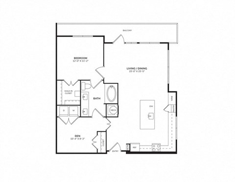 Floor plan for 1 bed, 1 bath, 929 sqft