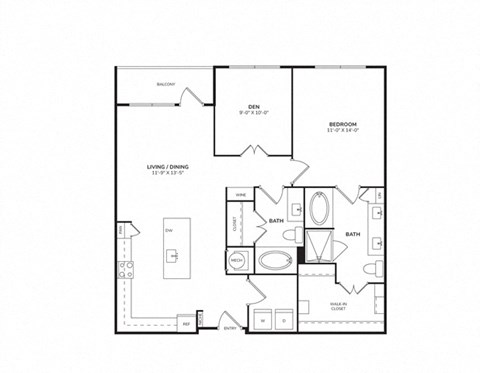 Floor plan for 1 bed, 1 bath, 1001 sqft