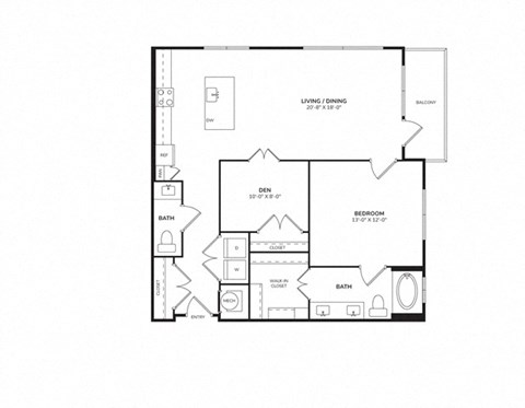 Floor plan for 1 bed, 1 bath, 988 sqft
