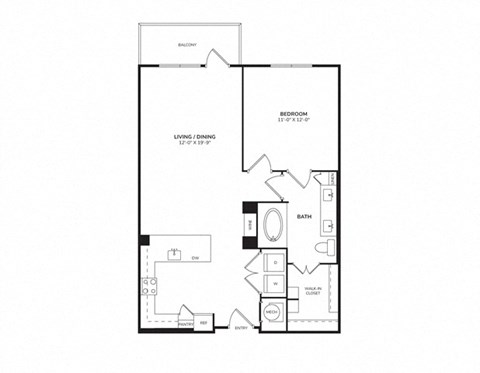 Floor plan for 1 bed, 1 bath, 765 sqft