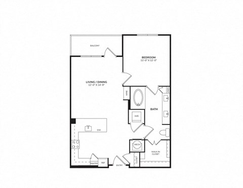 Floor plan for 1 bed, 1 bath, 706 sqft