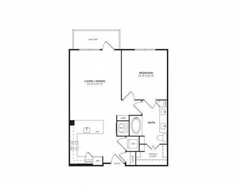 Floor plan for 1 bed, 1 bath, 735 sqft