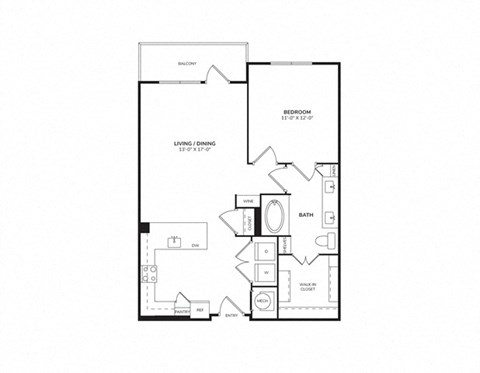 Floor plan for 1 bed, 1 bath, 764 sqft