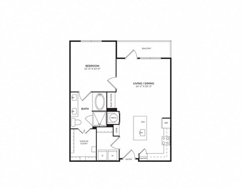 Floor plan for 1 bed, 1 bath, 801 sqft