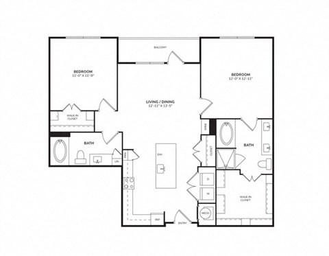 Floor plan for 2 beds, 2 baths, 1032 sqft