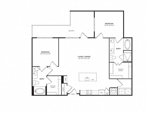 Floor plan for 2 beds, 2 baths, 1114 sqft