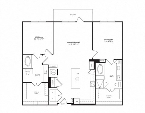 Floor plan for 2 beds, 2 baths, 1177 sqft