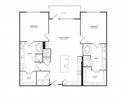 Floor plan for 2 beds, 2 baths, 1170 sqft