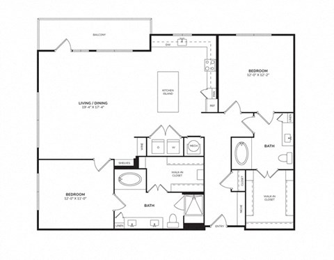 Floor plan for 2 beds, 2 baths, 1295 sqft