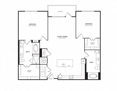 Floor plan for 2 beds, 2 baths, 1182 sqft