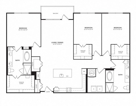 Floor plan for 3 beds, 2 baths, 1550 sqft