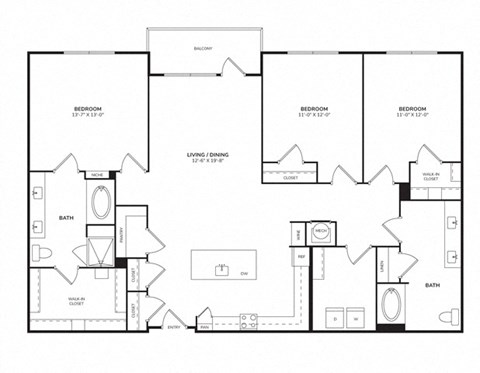 Floor plan for 3 beds, 2 baths, 1550 sqft