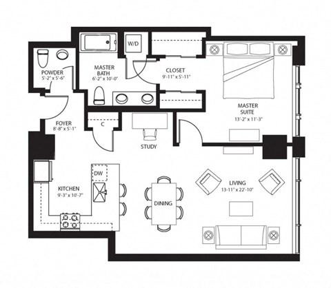 Floor plan for 1 bed, 1.5 baths, 956 sqft