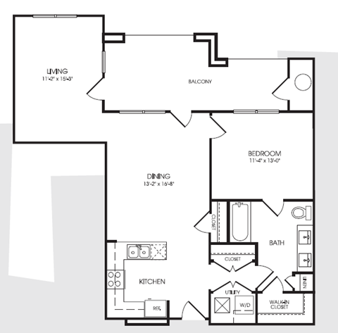 Floor plan for 1 bed, 1 bath, 989 sqft