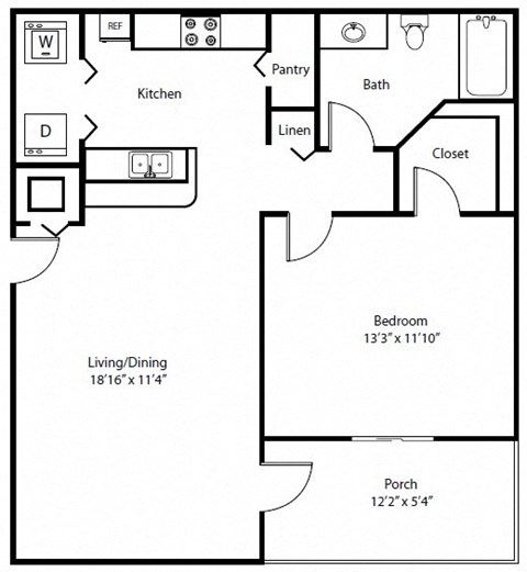 Floor plan for 1 bed, 1 bath, 827 sqft